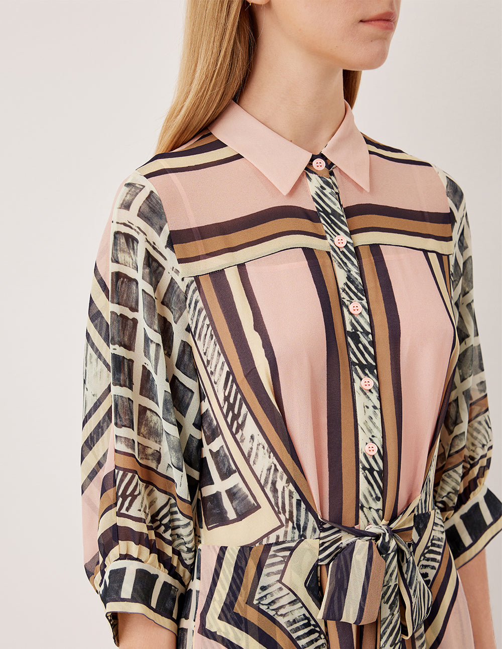 MARYLING Collared Long Sleeve Belted Geometric Print Pleated Midi Shirt Dress
