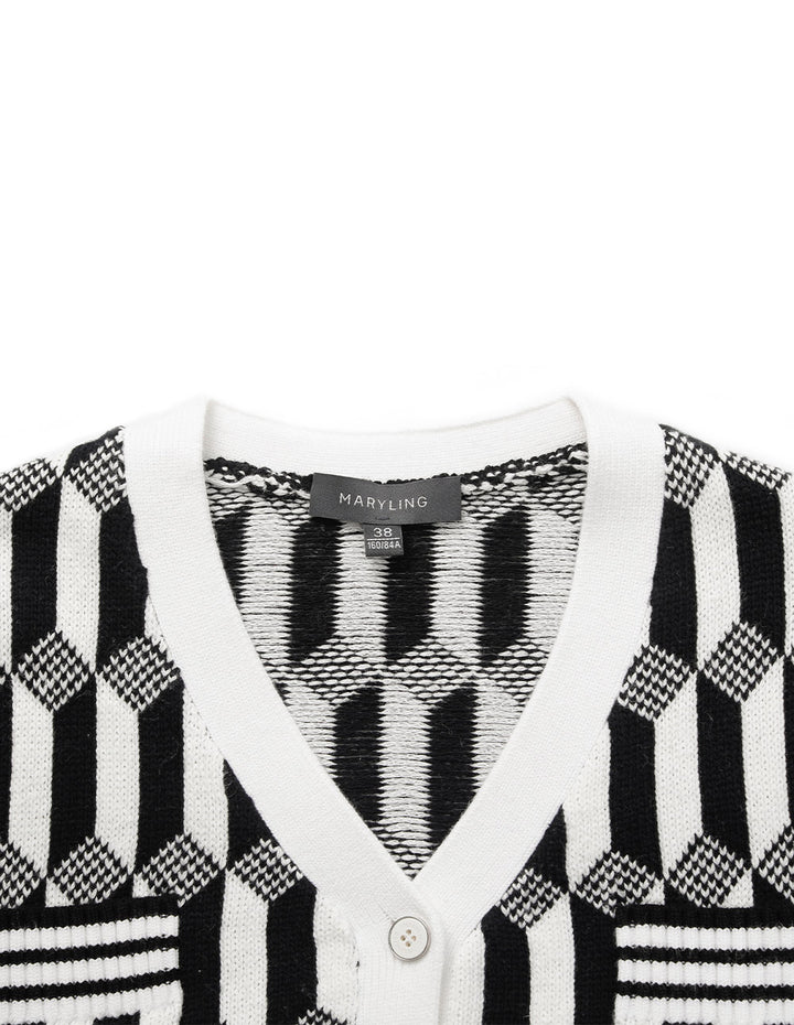 MARYLING Geometric Patterned Jacquard Multi-Pockets Black And White Knit Cardigan