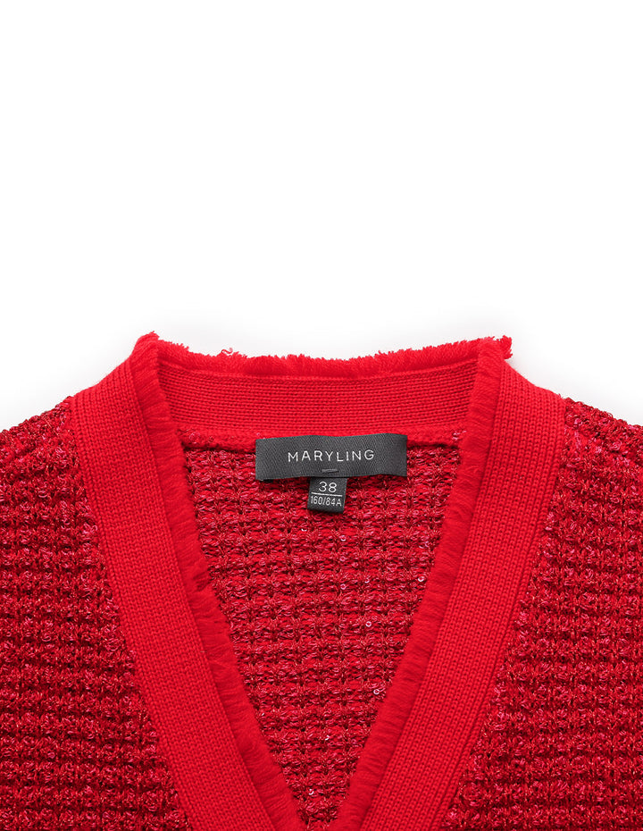 MARYLING Bright Red Mutil-Pockets Cropped Knit Cardigan