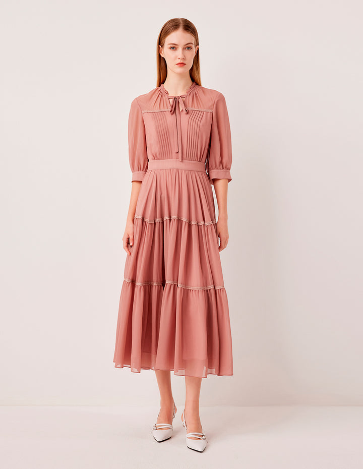 MARYLING Ruffled V-Neck Short-Sleeve Empire-Waist  Geometric Print Pleated Midi Dress