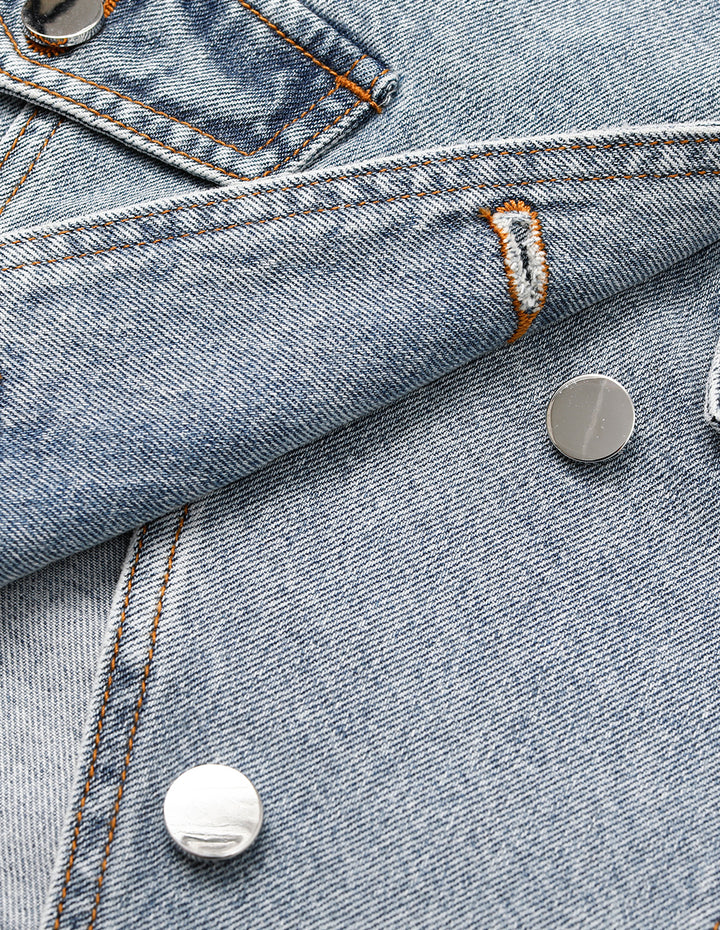 MARYLING Round-Neck Diagonal-Breasted Washed Denim Biker Jacket