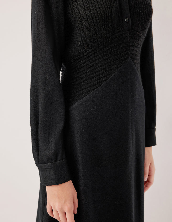 MARYLING Collar Pleated Shirt Dress Patchwork Knit Vest