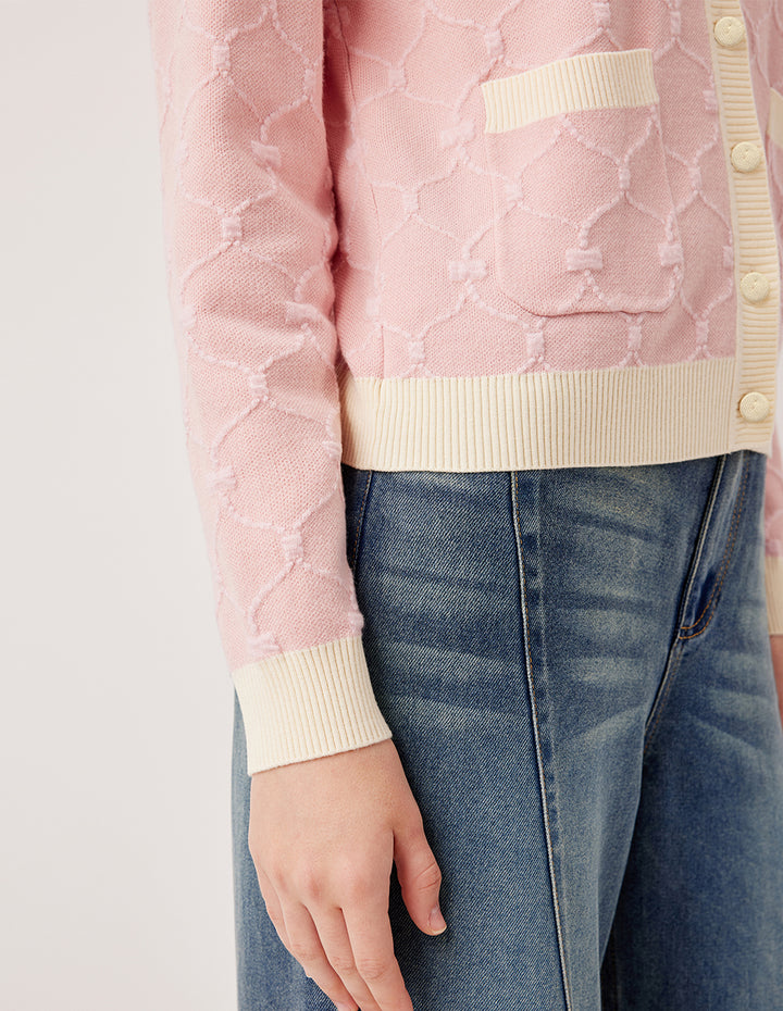 MARYLING Round Neck Long-Sleeve Beige Stripe Trim Knit Cardigan