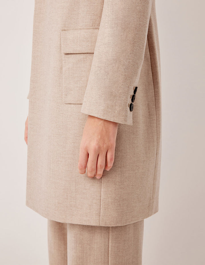 MARYLING Peaked Lapel Vintage Double-Breasted Beige Long Wool Coat