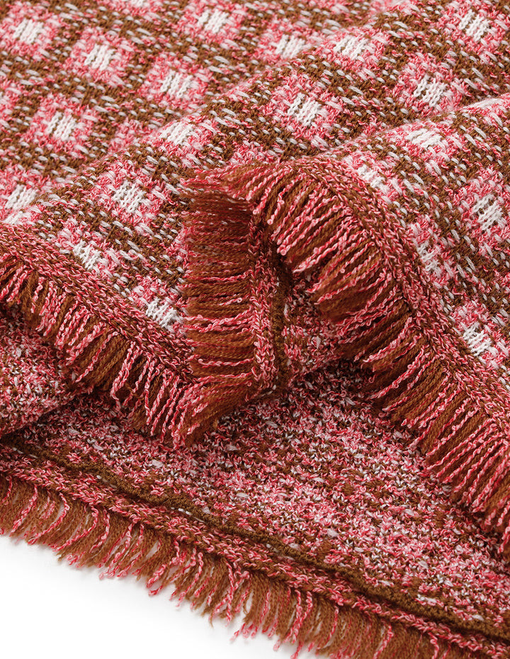 MARYLING Plaid Knit Pencil Skirt with Fringe Hem