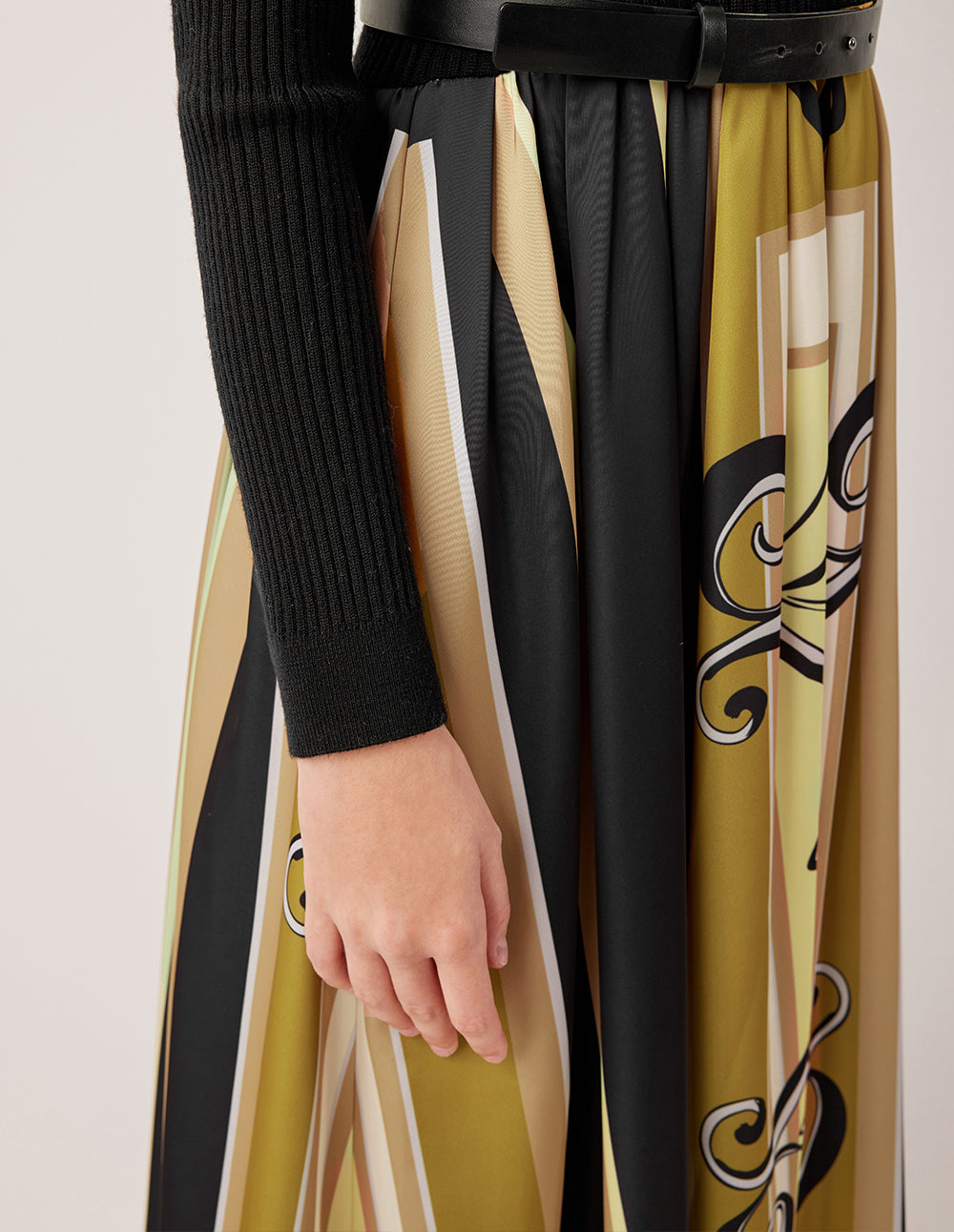 MARYLING Semi-High Neck Long Sleeve Knit Patchwork Print Midi Dress