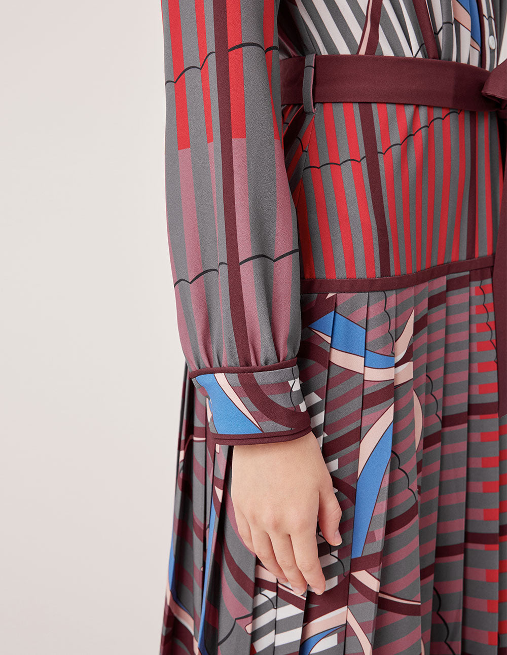 MARYLING Collared Pink-Purple Contrast Abstract Stripe Belted Long Shirt Dress