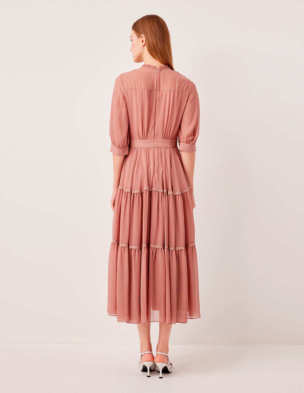 MARYLING Ruffled V-Neck Short-Sleeve Empire-Waist  Geometric Print Pleated Midi Dress