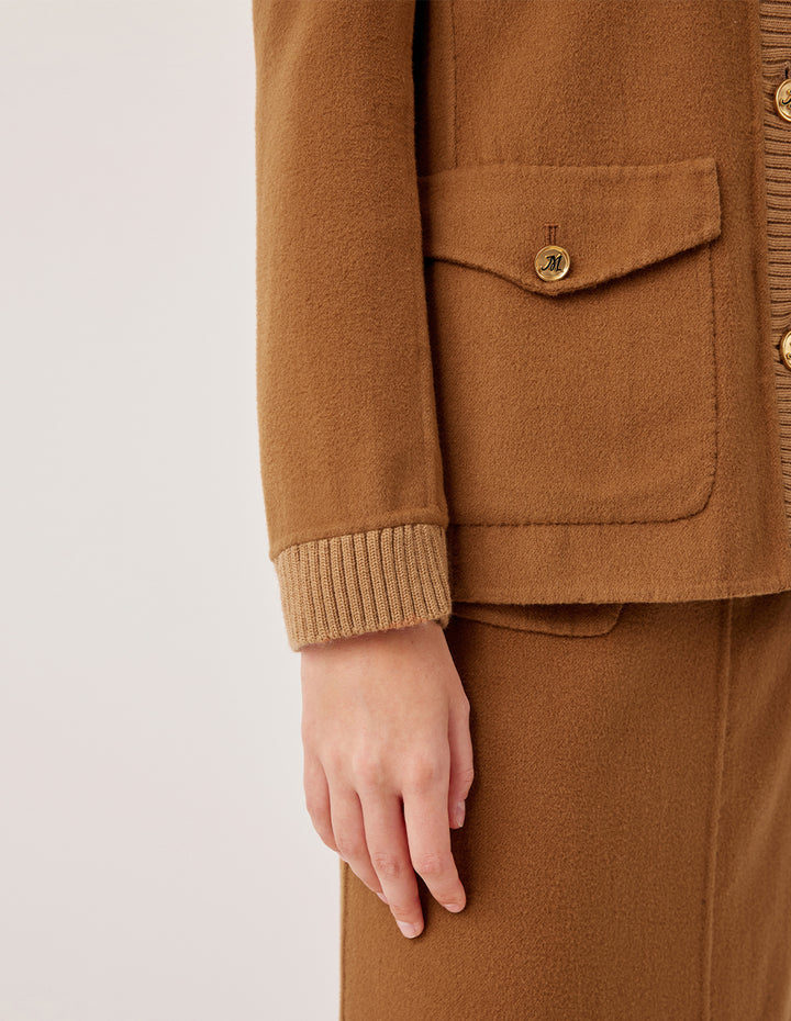 MARYLING V-Neck Long-Sleeve Multi-Pocket Short Wool Coat