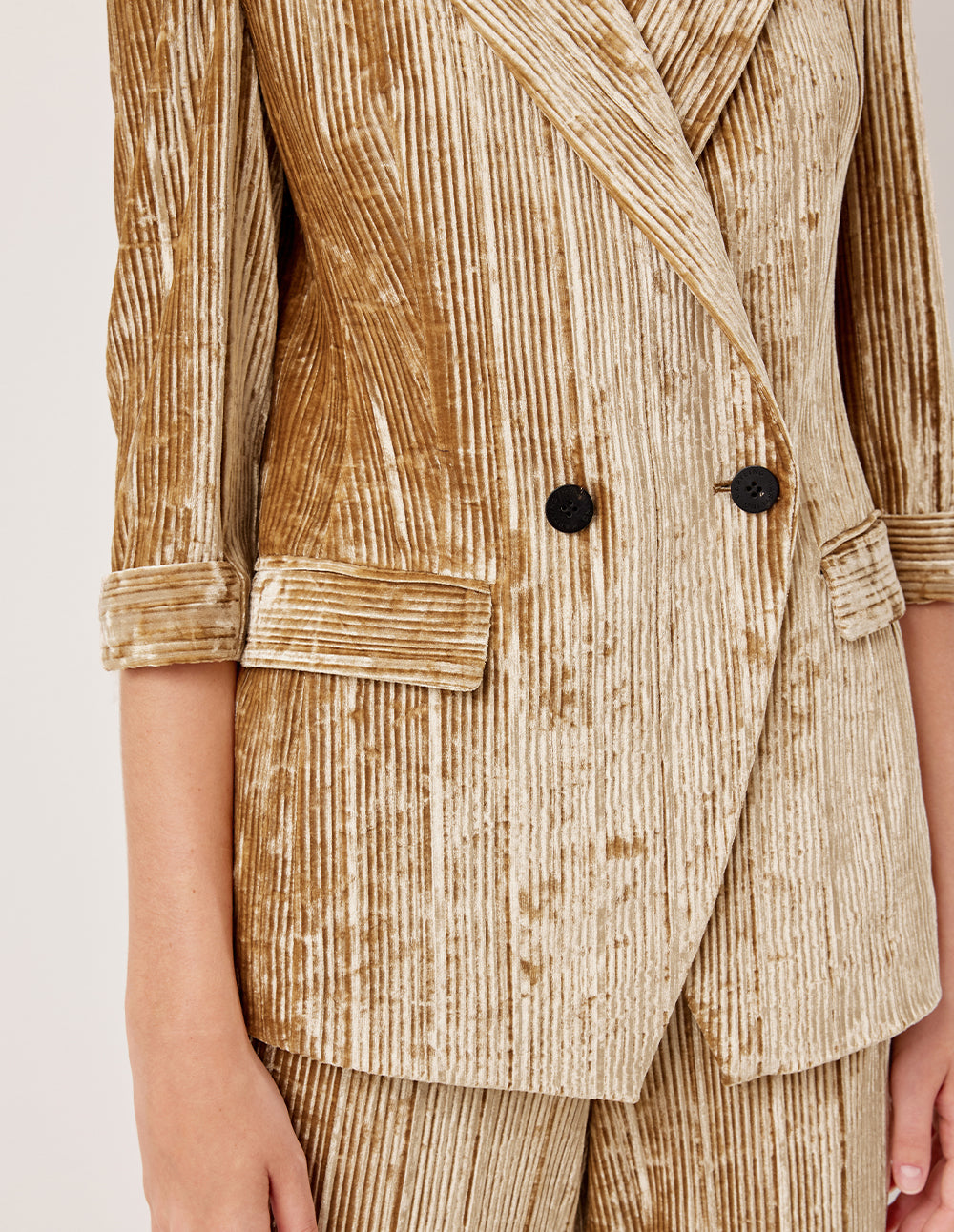 MARYLING Peak Lapel Double-Breasted 3/4 Sleeve Golden Velvet Blazer