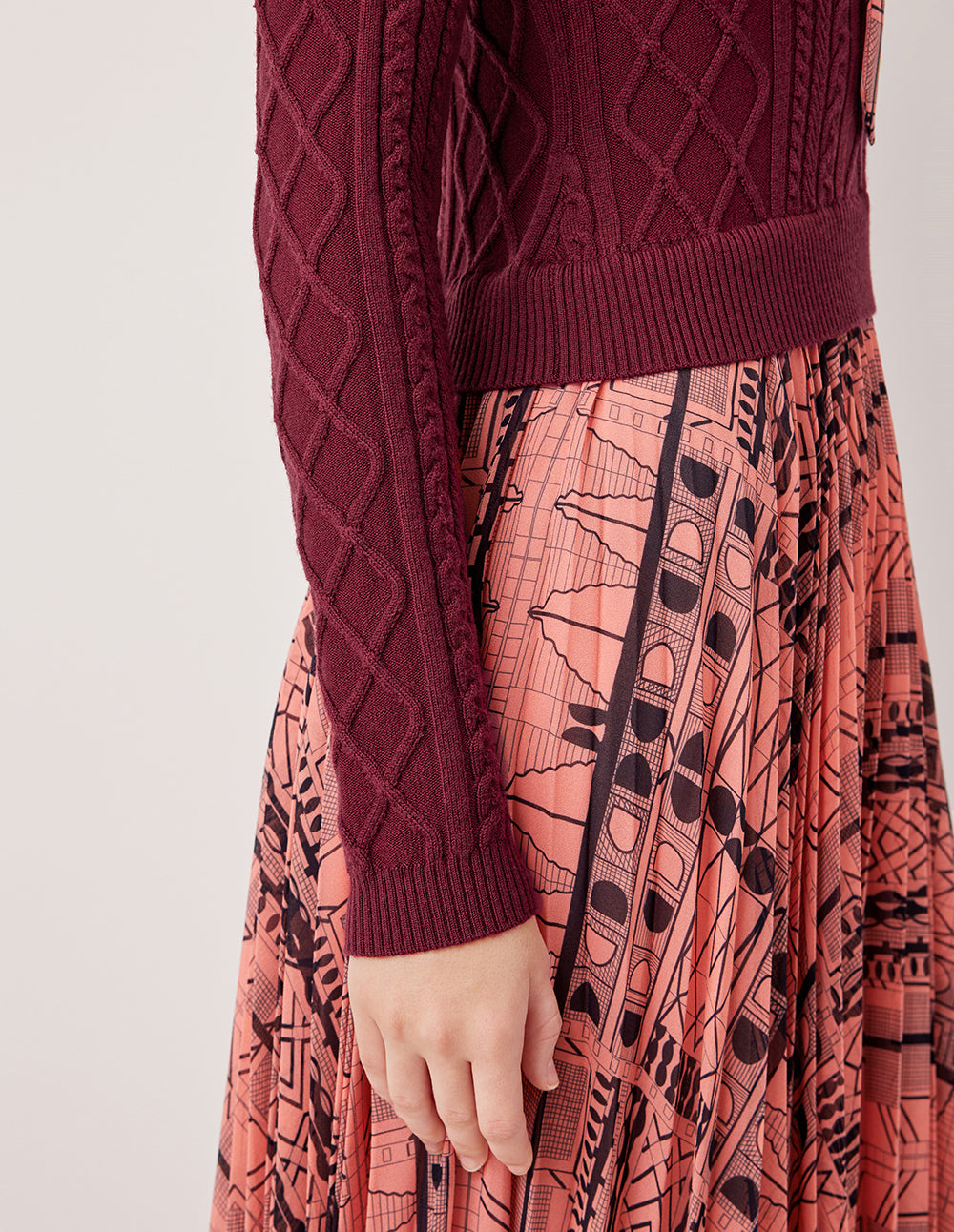 MARYLING Ruffled Turtleneck Tie-Up Printed Patchwork Pleated Knit Midi Dress