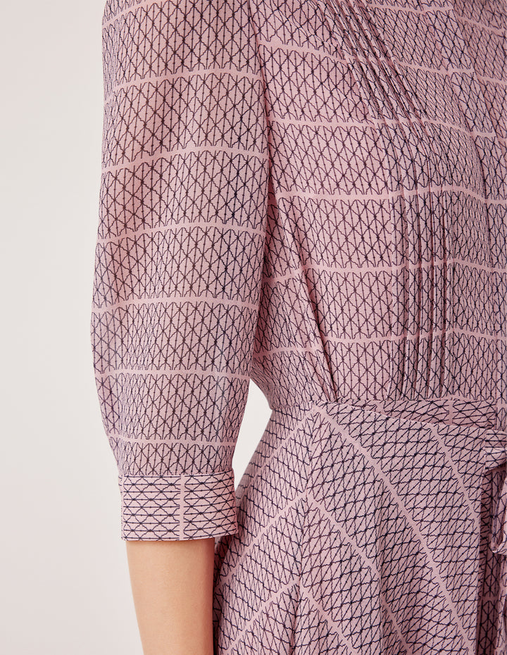 MARYLING Lapel Puff Long-Sleeve Pin Tuck Plaid with Tie Belt Pleated Midi Shirt Dress