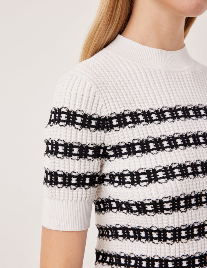 MARYLING Round Neck Short Sleeve Lace Textured Stripe Knit Top