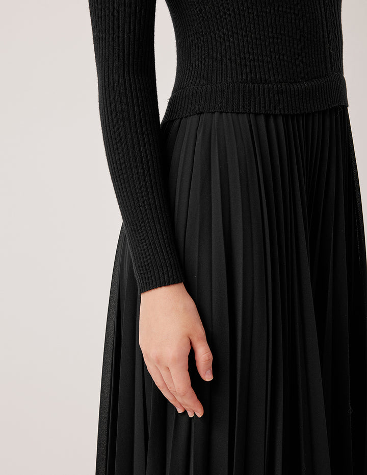 MARYLING Round Neck Long Sleeve Patchwork Wool Pleated Midi Knit Dress