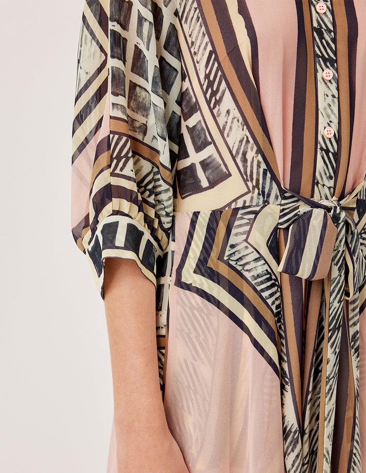 MARYLING Collared Long Sleeve Belted Geometric Print Pleated Midi Shirt Dress