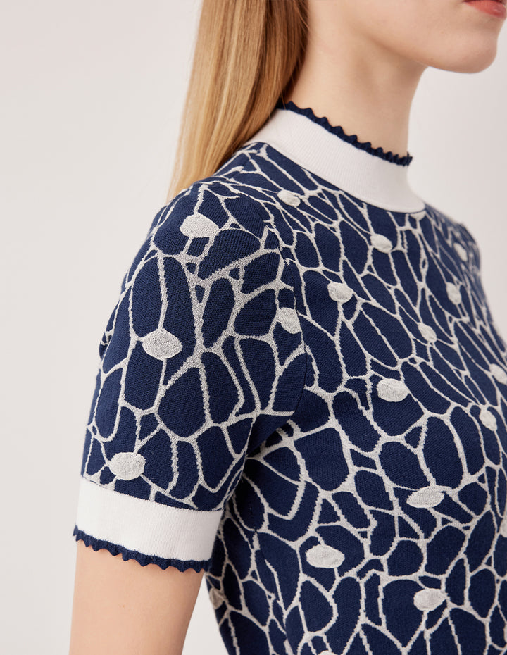 MARYLING Ruffled Half-Turtleneck Short-Sleeved Glass Bead Print Knit Pullover