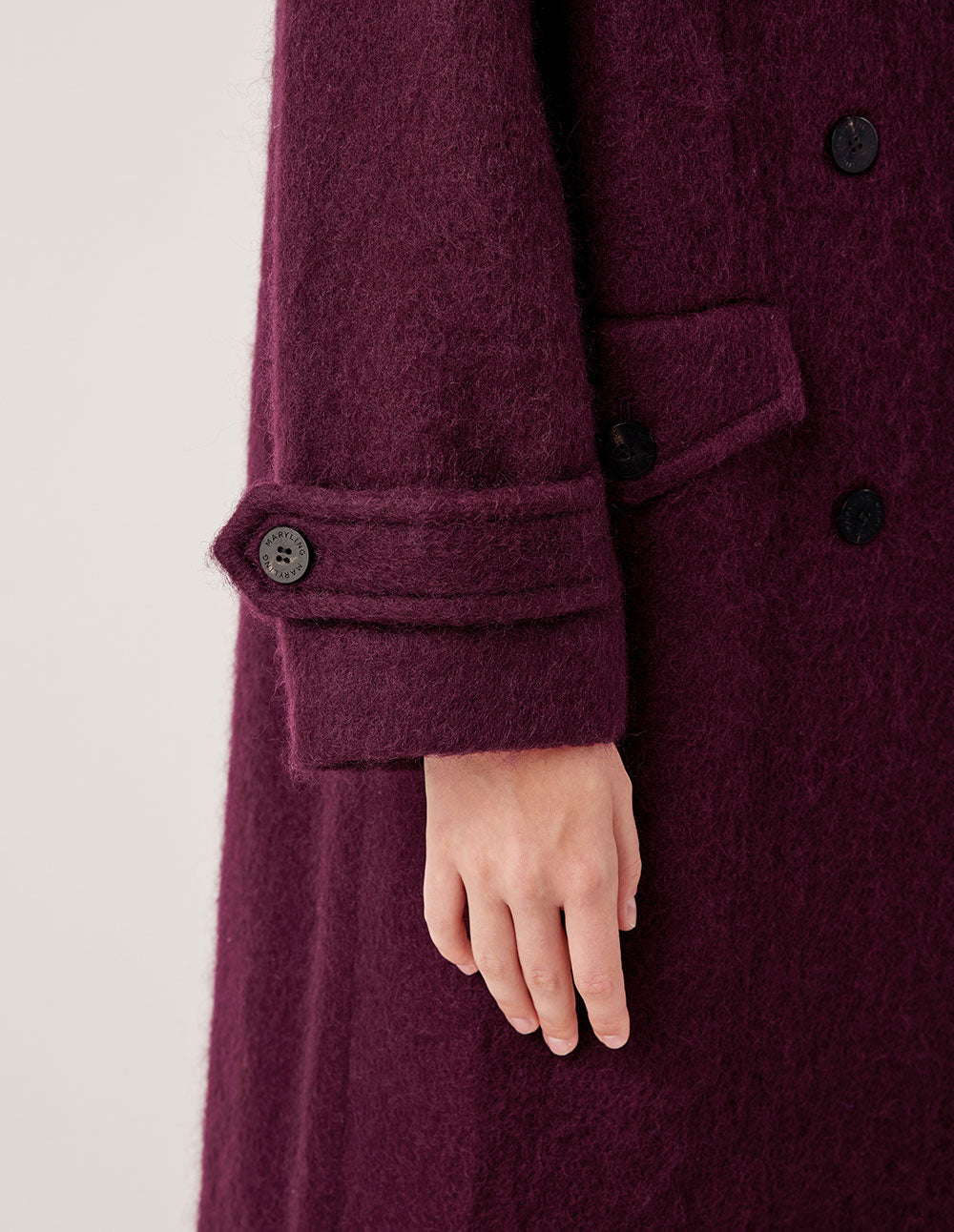 MARYLING Notched Collar Double-Breasted Angora Red Long Coat