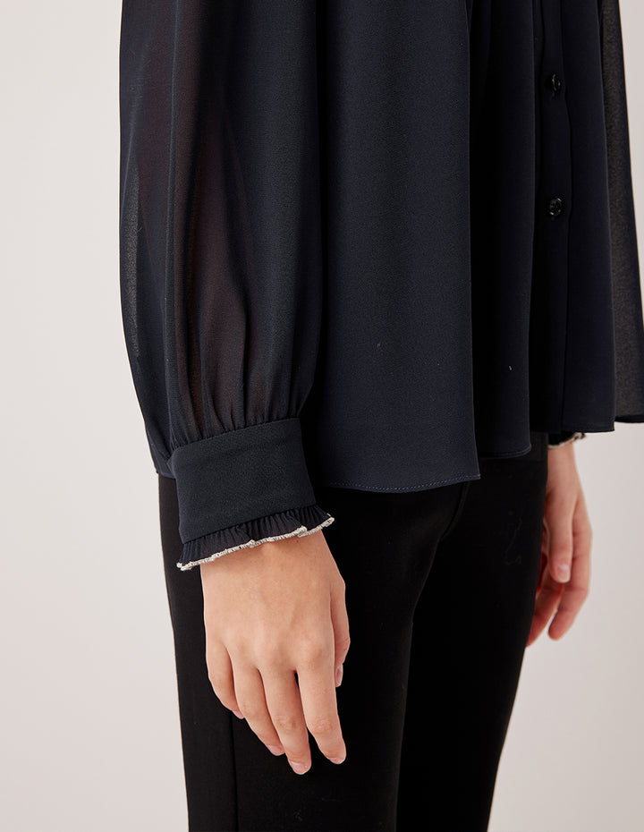 MARYLING Sheer Long-Sleeved Pintuck Ruffle-Trim Silk Blouse