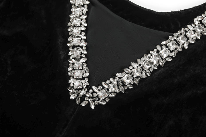 MARYLING Black V‑Neck Evening Jumpsuit with Crystal Details