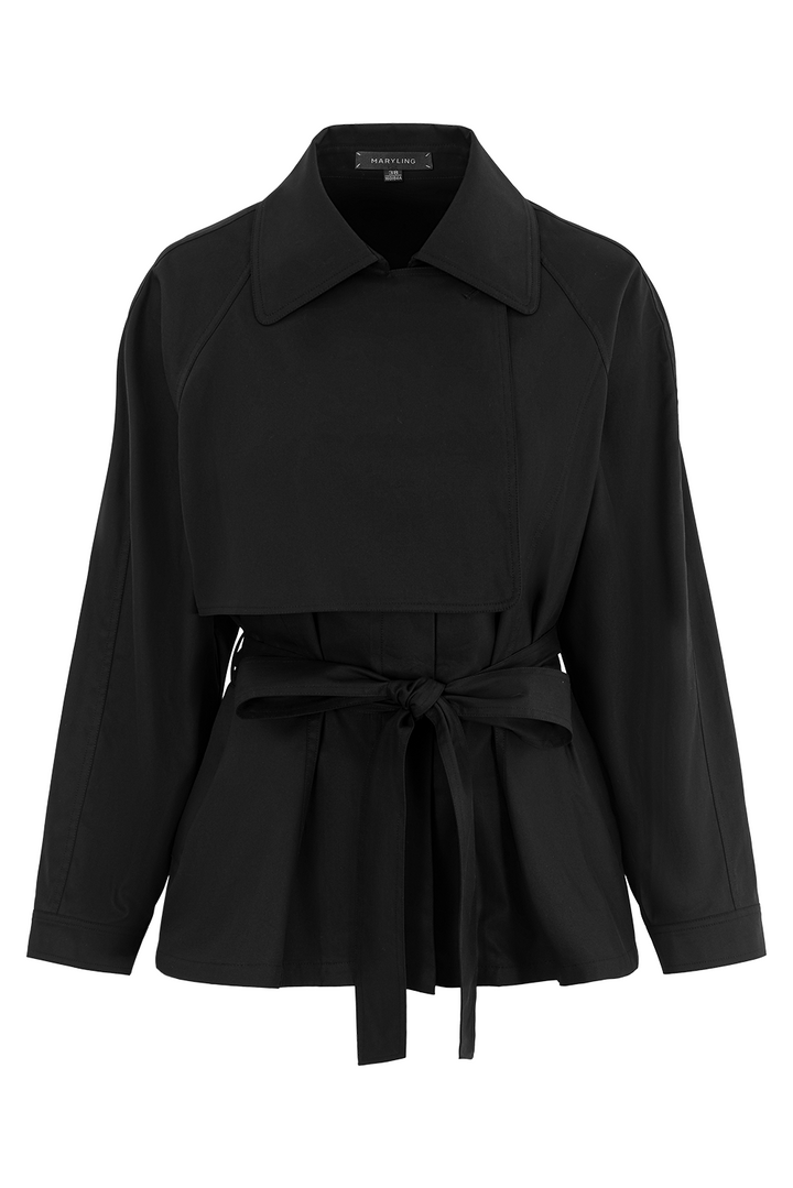 MARLING Notched‑Collar Trench Coat – Black with Detachable Belt
