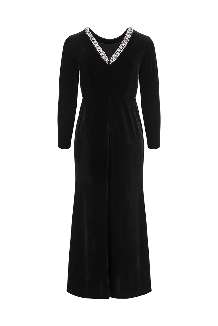 MARYLING Black V‑Neck Evening Jumpsuit with Crystal Details