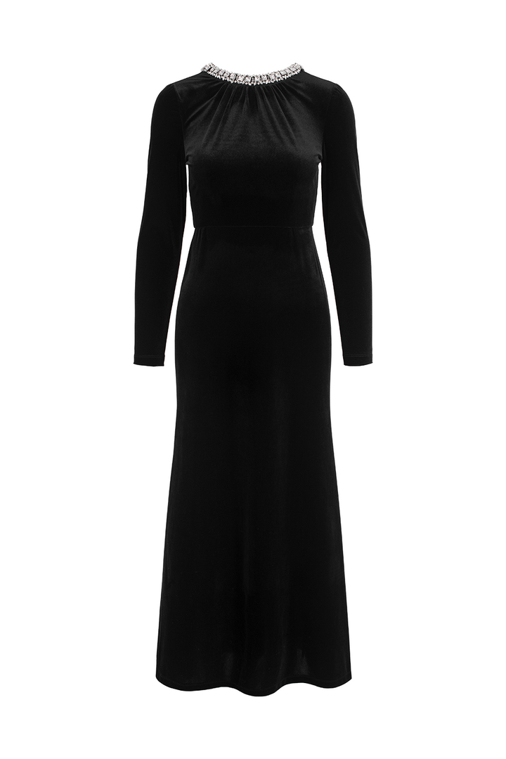 MARYLING Black V‑Neck Evening Jumpsuit with Crystal Details