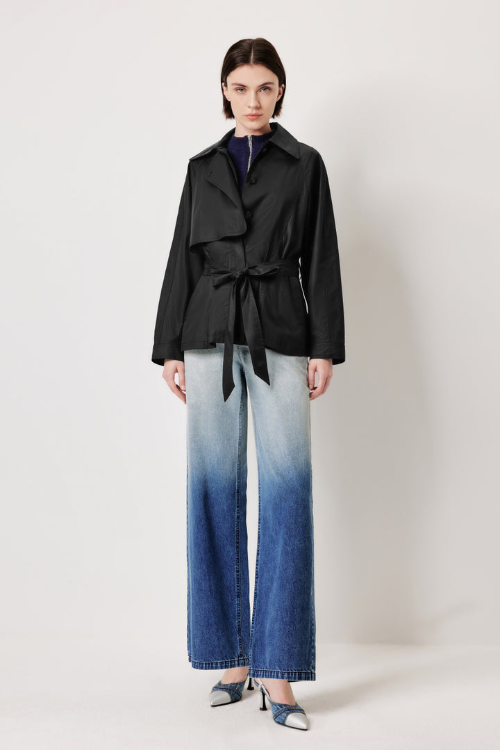 MARLING Notched‑Collar Trench Coat – Black with Detachable Belt