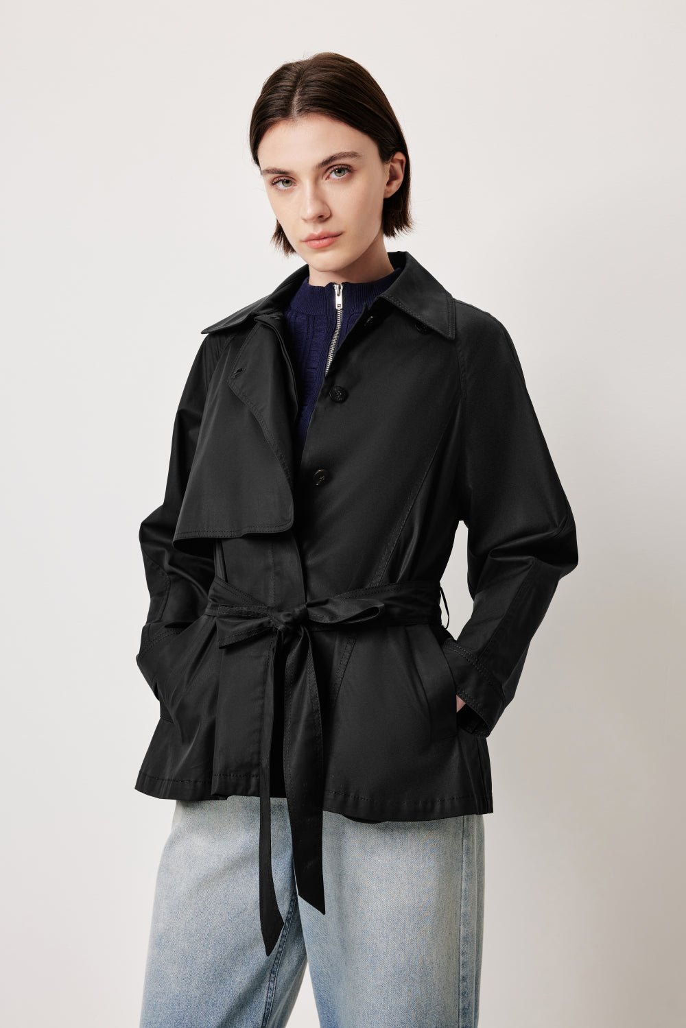 MARLING Notched‑Collar Trench Coat – Black with Detachable Belt
