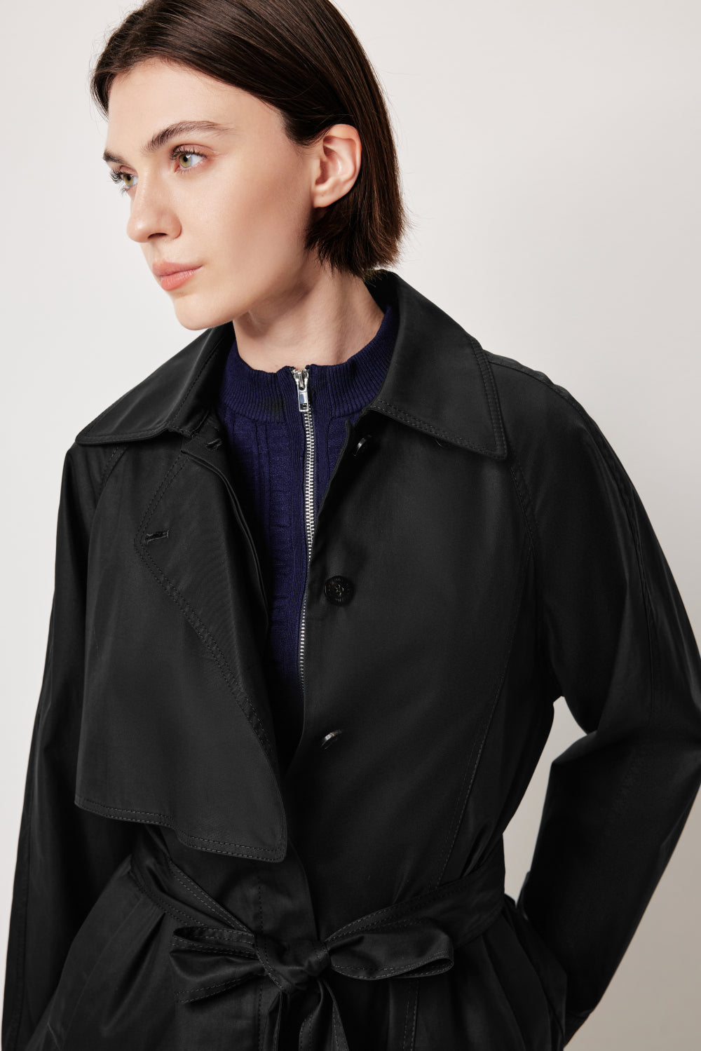 MARLING Notched‑Collar Trench Coat – Black with Detachable Belt