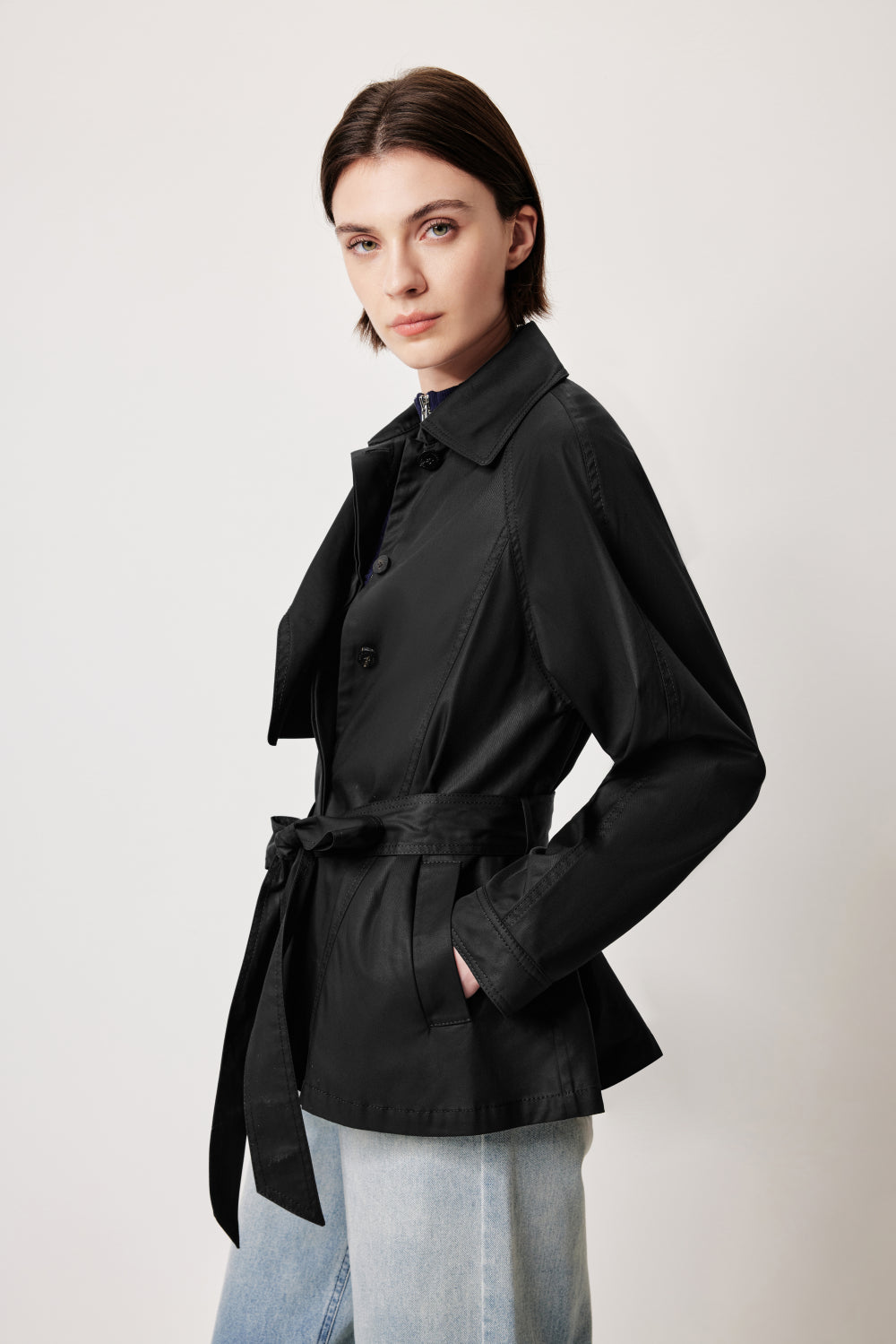 MARLING Notched‑Collar Trench Coat – Black with Detachable Belt