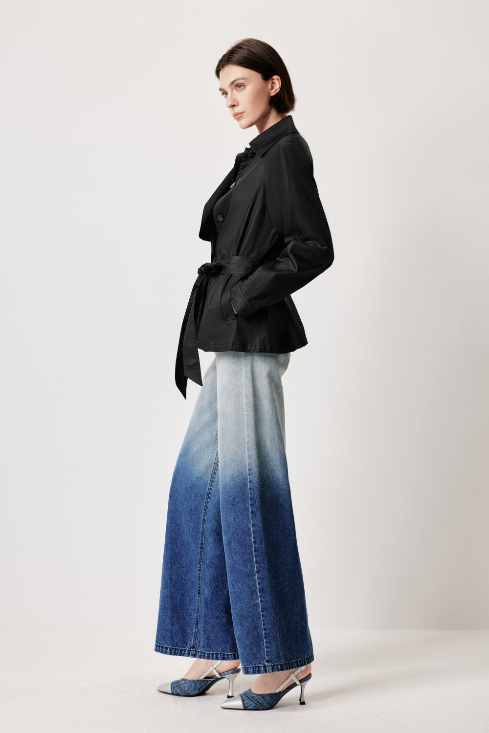 MARLING Notched‑Collar Trench Coat – Black with Detachable Belt