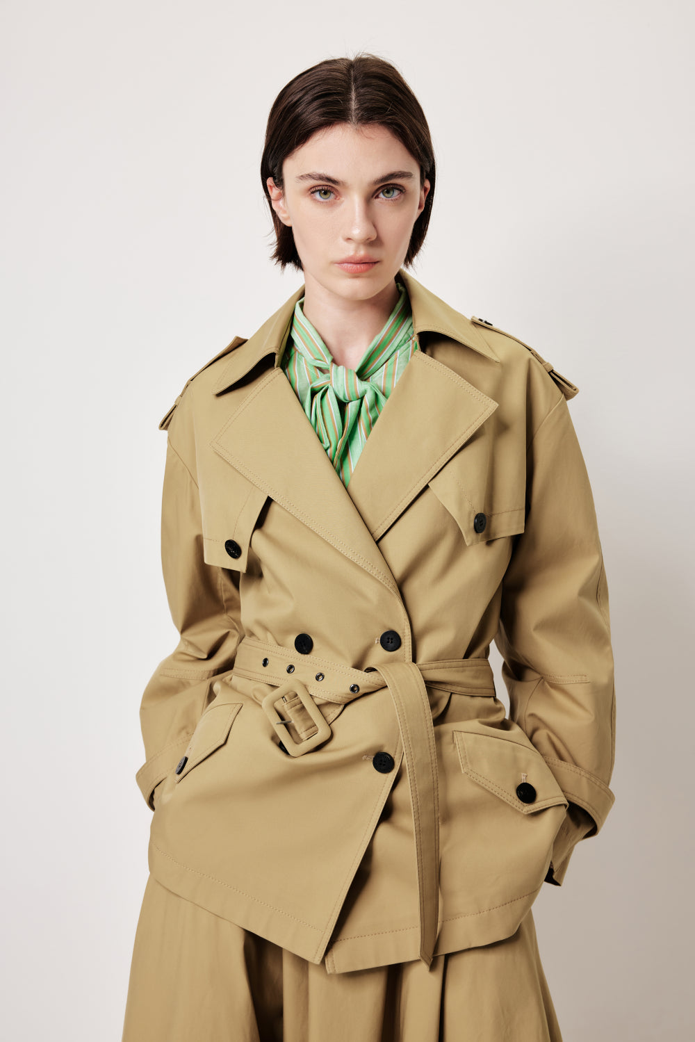 MARYLING Khaki Coat – Wide Belt & Vintage Texture