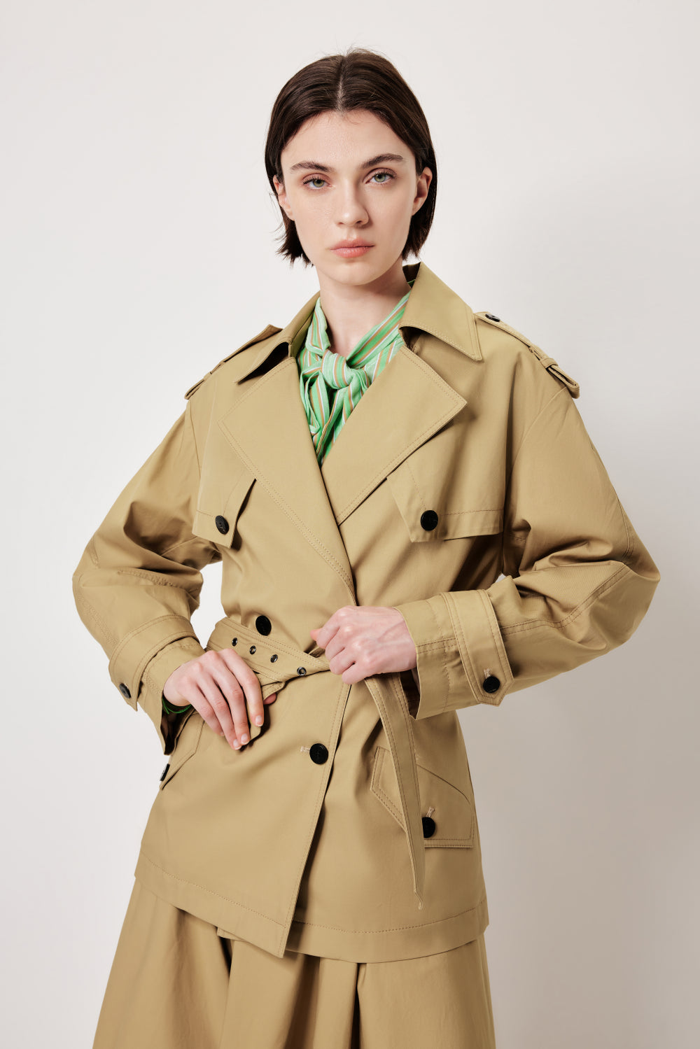 MARYLING Khaki Coat – Wide Belt & Vintage Texture