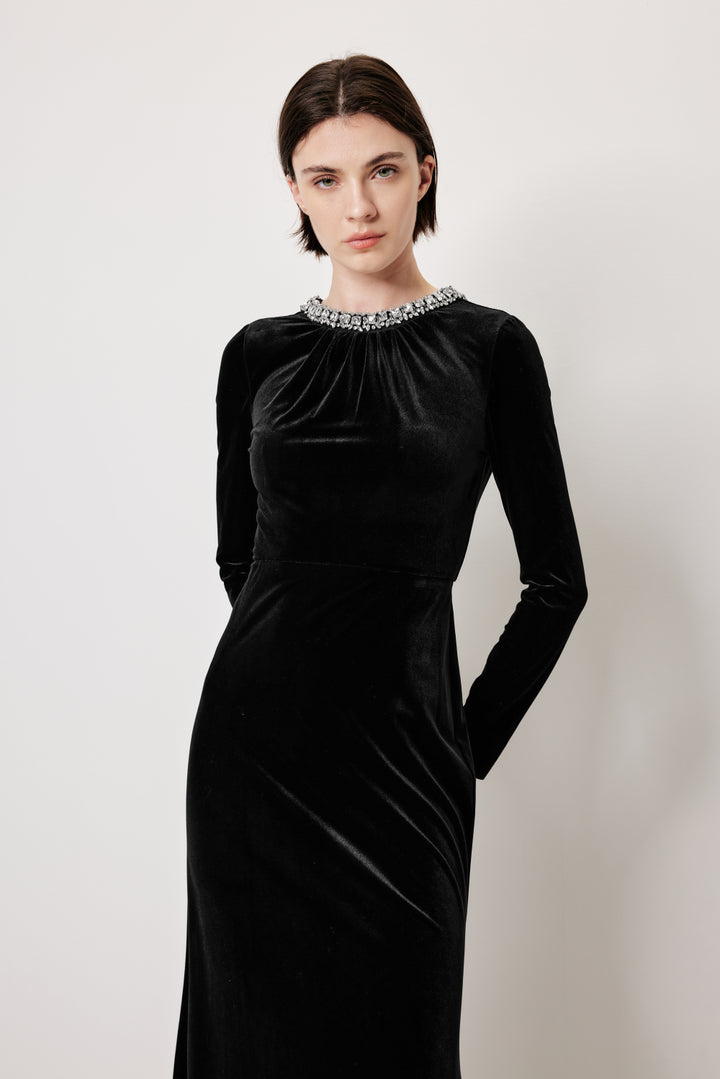 MARYLING Black V‑Neck Evening Jumpsuit with Crystal Details