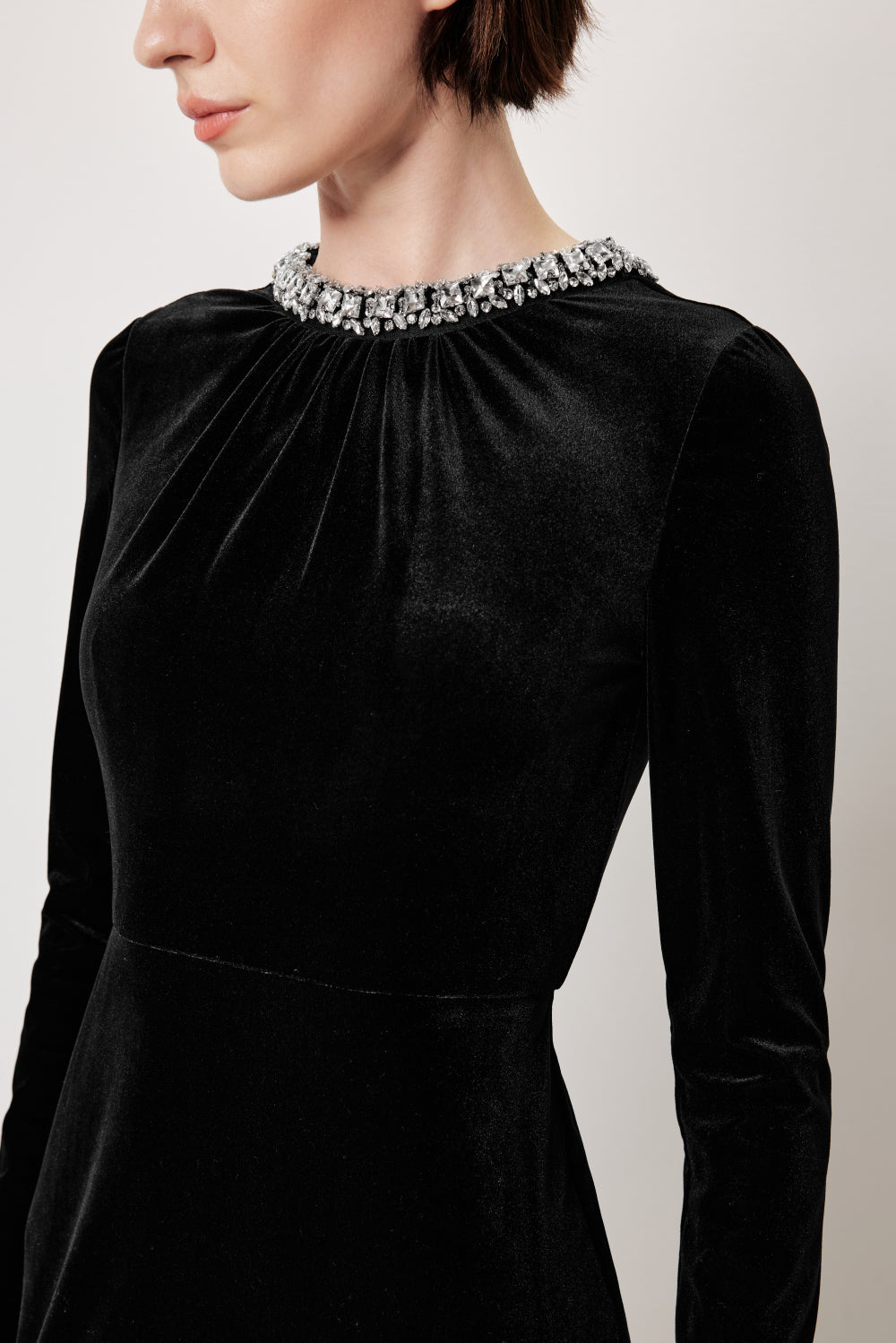 MARYLING Black V‑Neck Evening Jumpsuit with Crystal Details