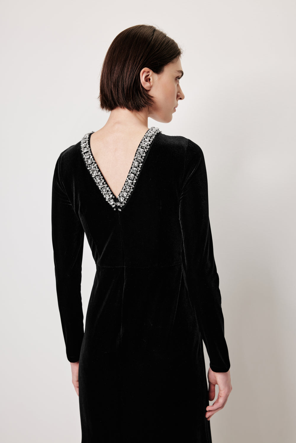 MARYLING Black V‑Neck Evening Jumpsuit with Crystal Details