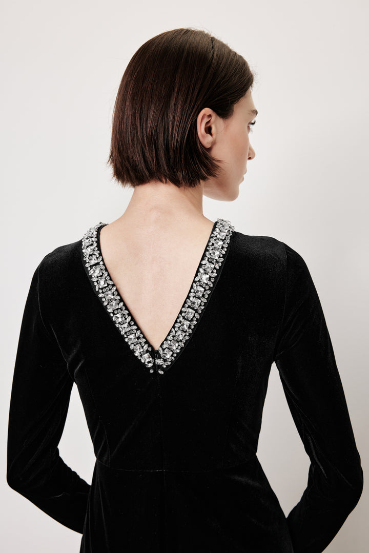 MARYLING Black V‑Neck Evening Jumpsuit with Crystal Details