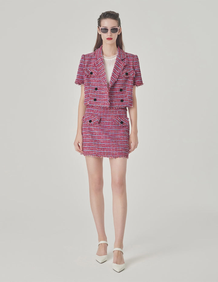 MARYLING Pink Blue Plaid Tweed Mini A Line Skirt