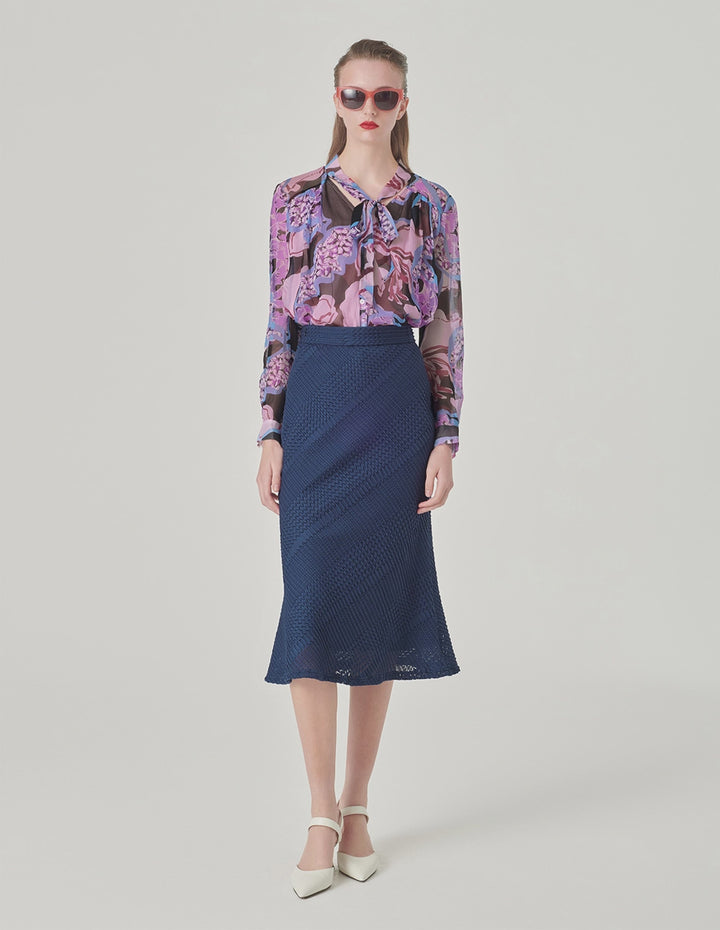 MARYLING Dark Blue Pleated Striped Lace Fishtail Skirt