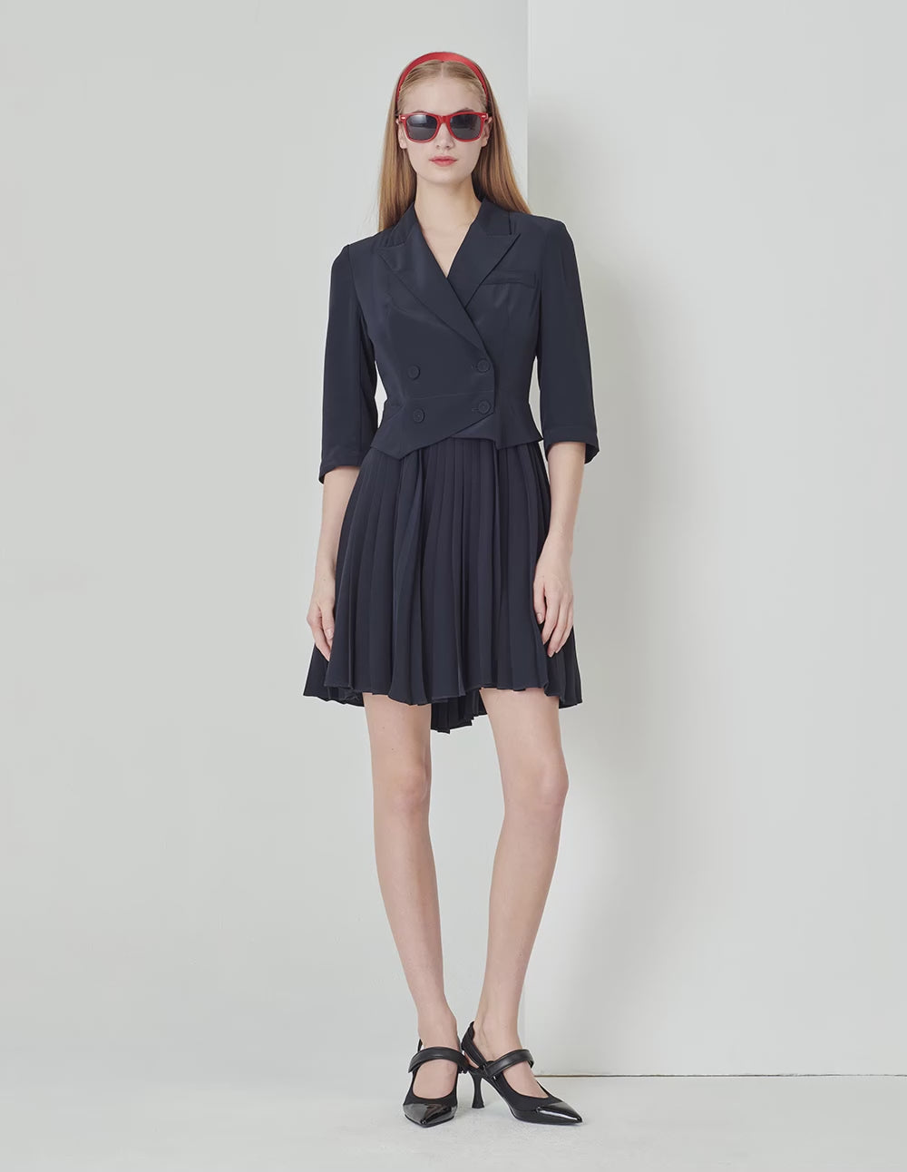 MARYLING Dark Blue Faux Two-Piece Suit Pleated Dress