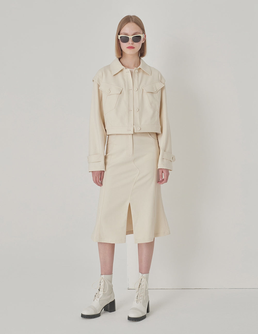 MARYLING White Fishtail Mid-Front Slit Skirt