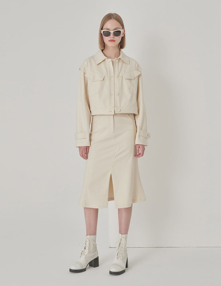 MARYLING White Fishtail Mid-Front Slit Skirt