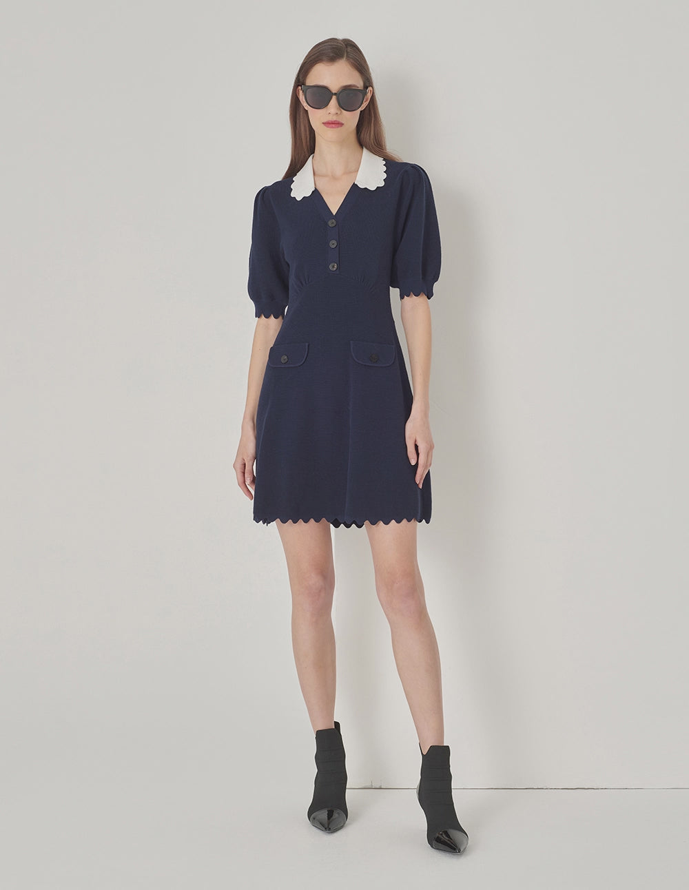 MARYLING Blue And White Paneled Wavy Trim Wool Dress