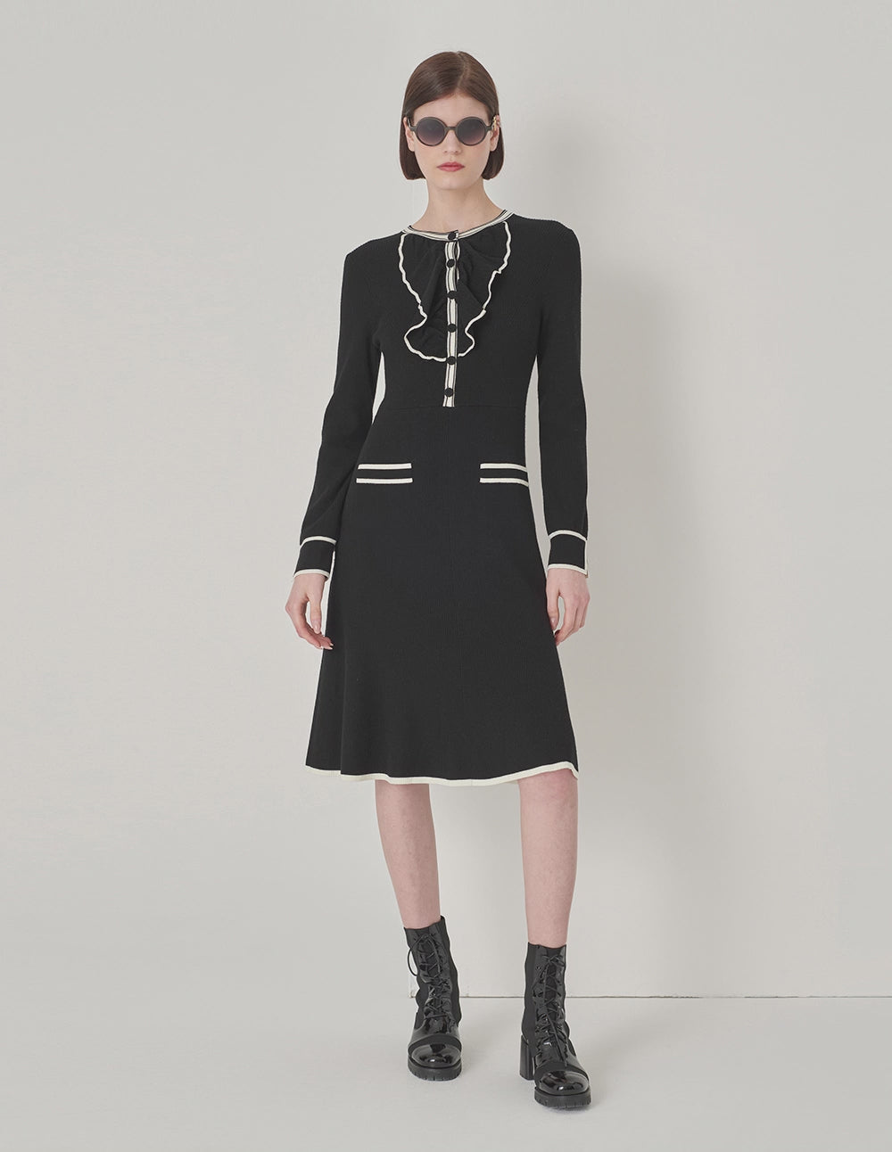 MARYLING Black And White Contrast Trim Long-Sleeved Knitted Dress