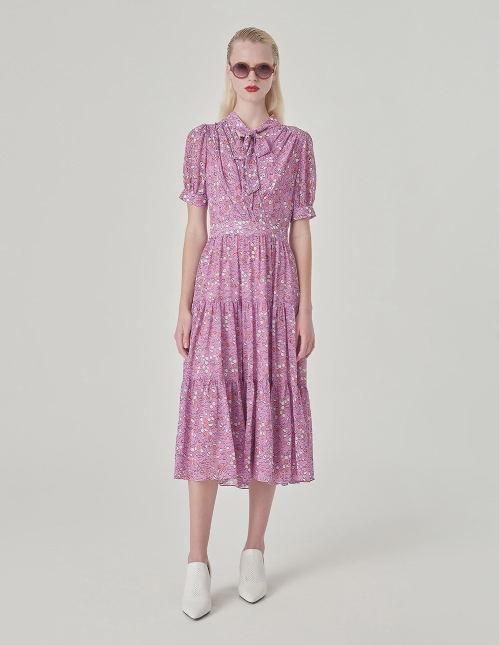 MARYLING Ribbon Pleated Short-Sleeved Dress