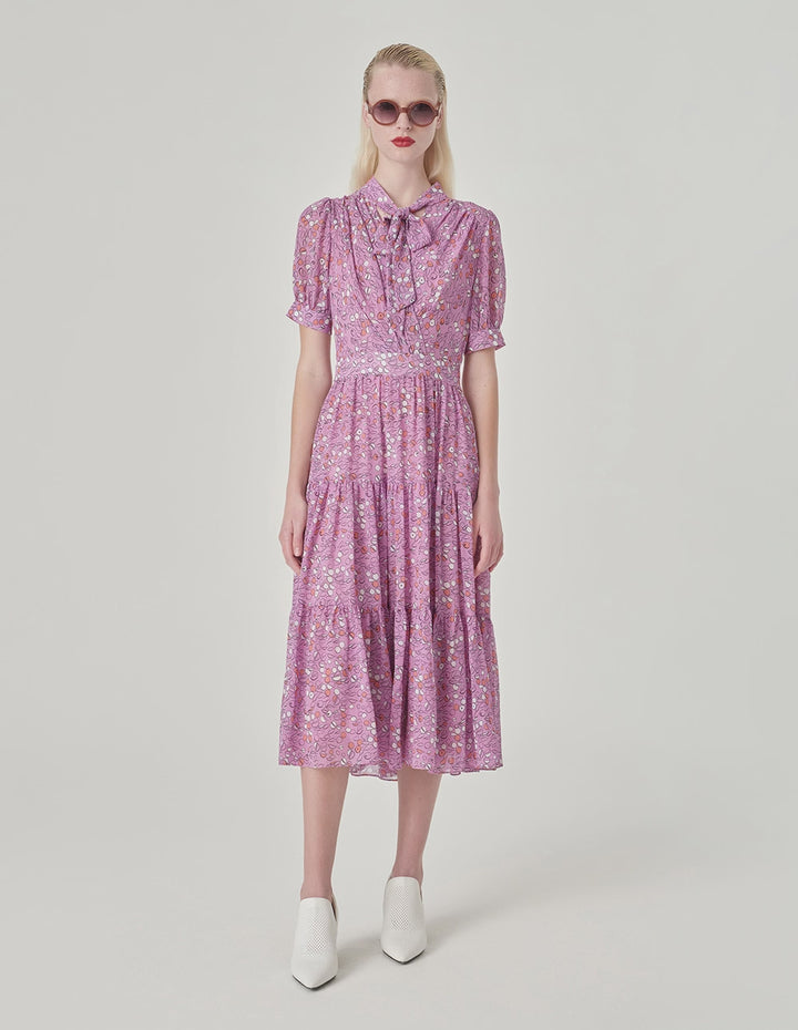 MARYLING Ribbon Pleated Short-Sleeved Dress