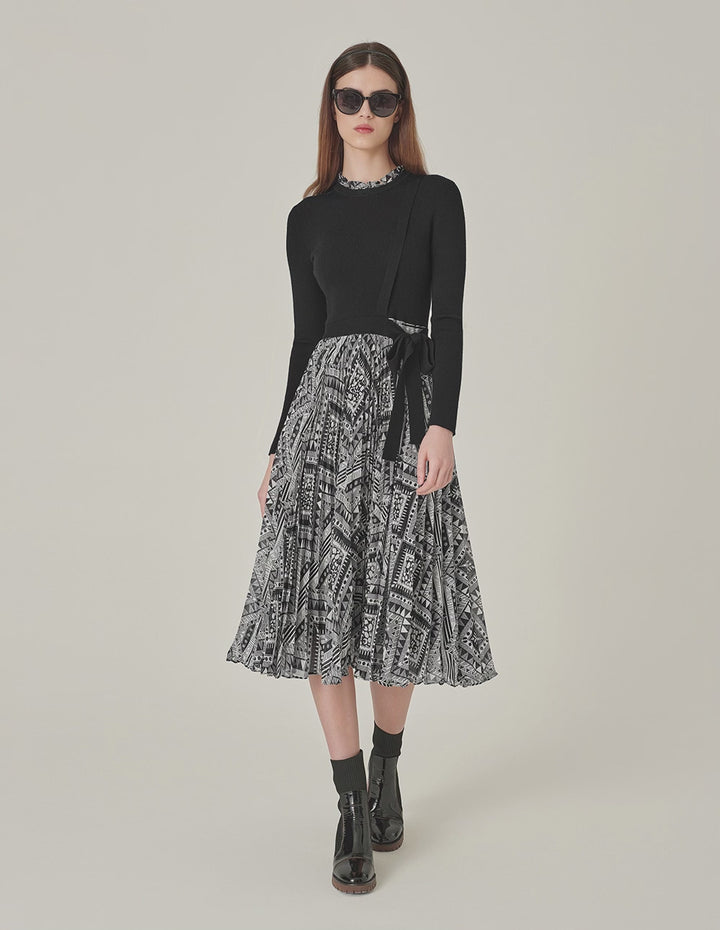 MARYLING Ruffle Collar Long-Sleeve Printed Patchwork Knitted Midi Dress