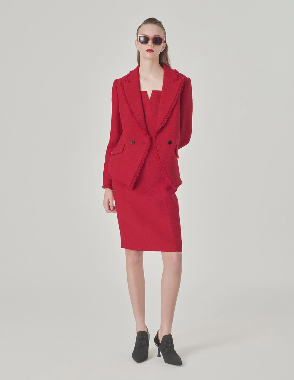 MARYLING Red Lapel Collar Tweed Blazer