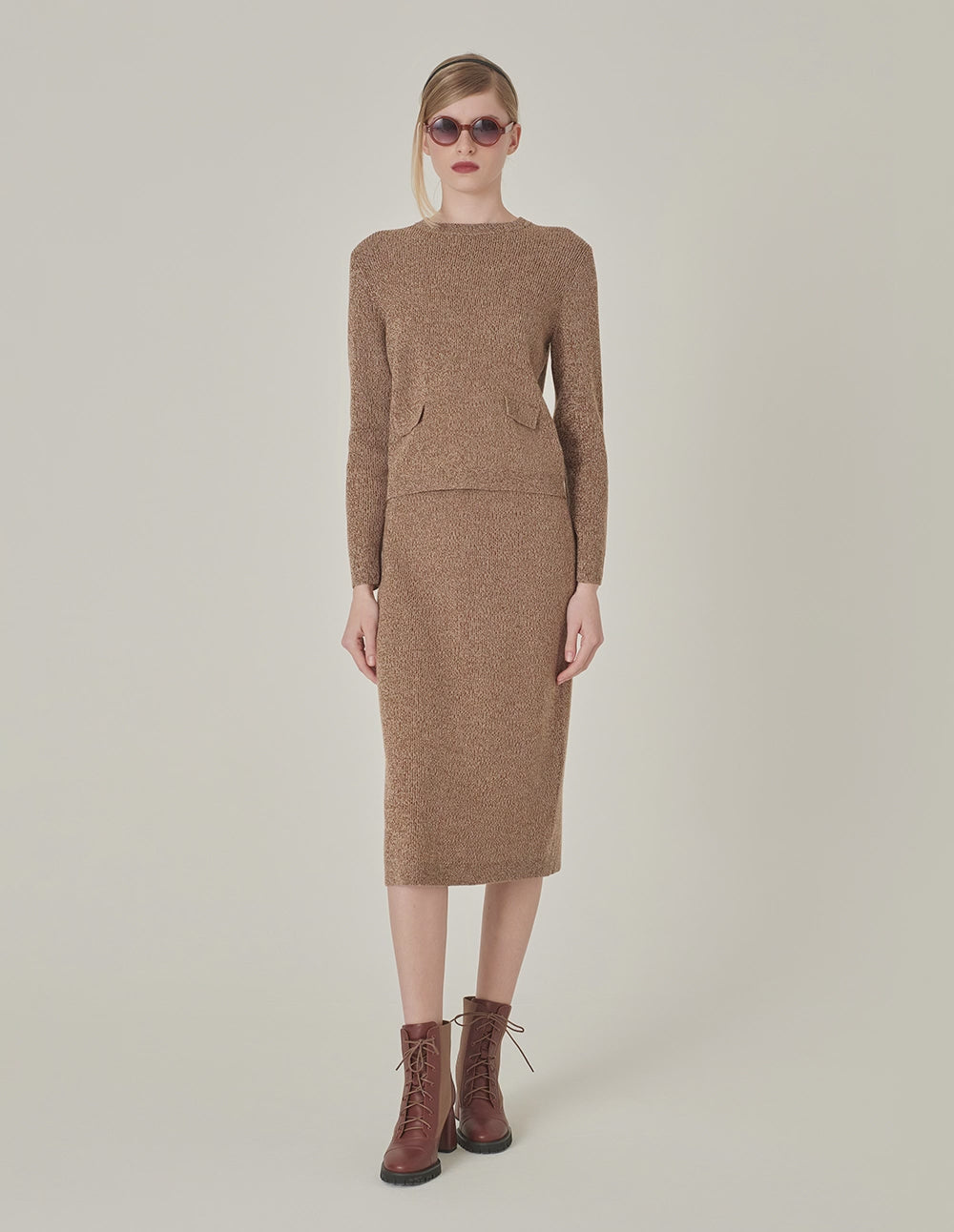 MARYLING Straight Knee-Length Apricot Mixed Yarn Skirt