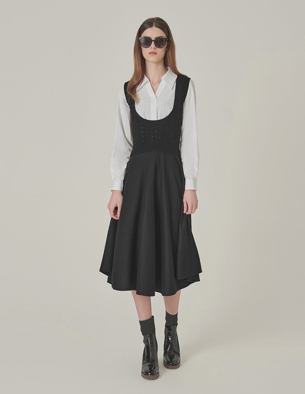 MARYLING Black & White Patchwork Midi Pleated Shirt Dress